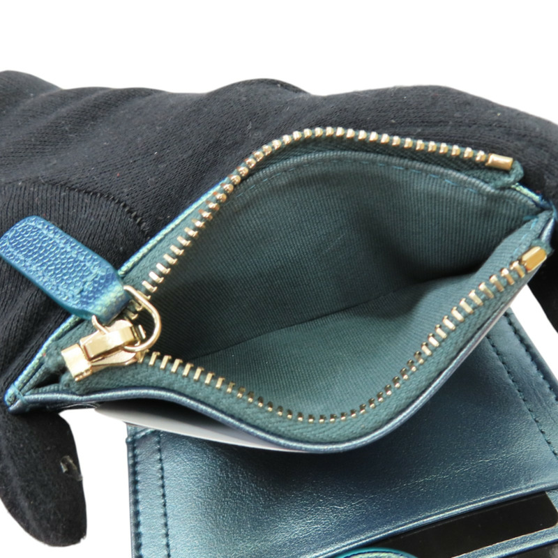 金屬藍 菱格紋 牛皮 Compact Zip 短夾【CHANEL 香奈兒】-5