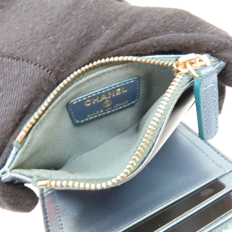 金屬藍 菱格紋 牛皮 Compact Zip 短夾【CHANEL 香奈兒】-6