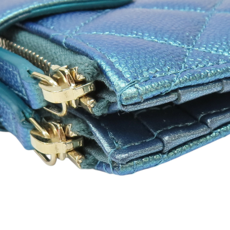 金屬藍 菱格紋 牛皮 Compact Zip 短夾【CHANEL 香奈兒】-13