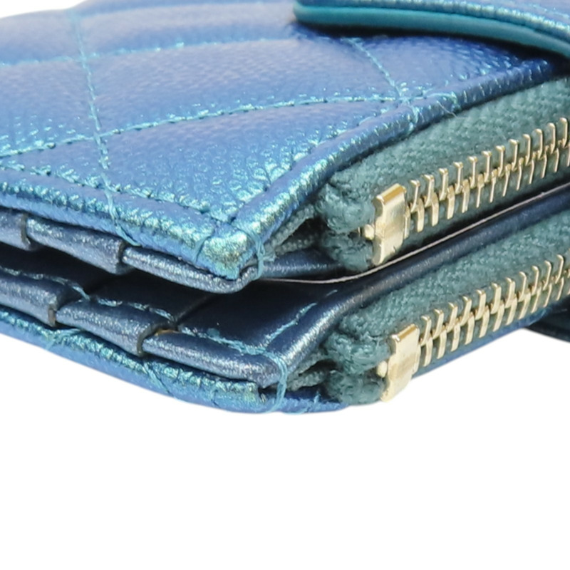 金屬藍 菱格紋 牛皮 Compact Zip 短夾【CHANEL 香奈兒】-14