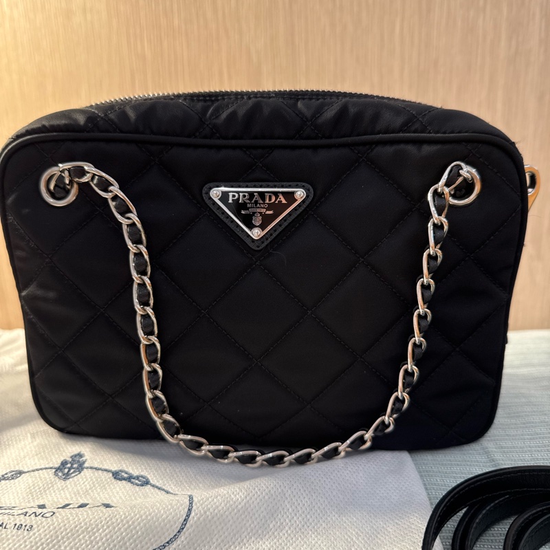 PRADA 黑色菱格紋尼龍相機包/鍊條包(附保卡、防塵袋)-5