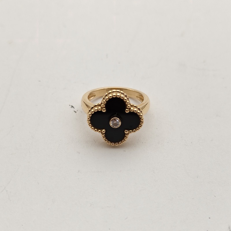 VAN CLEEF&ARPELS VintageAlhambra中號單花戒指單鑽18K黃金/鑽石/縞瑪瑙49-1