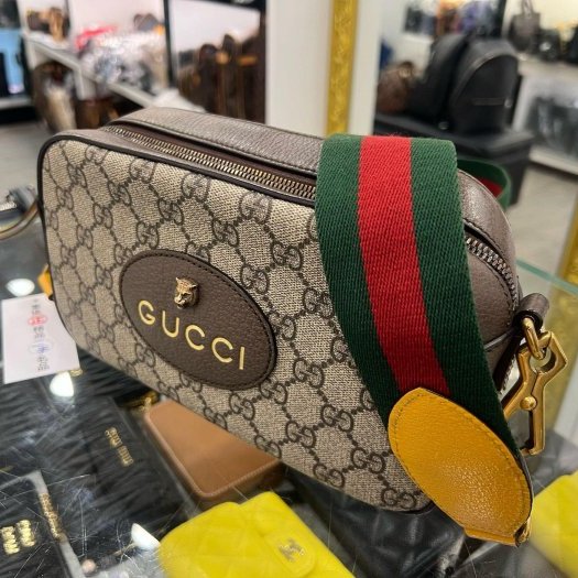 東區正精品㊣GUCCI 476466 咖啡色皮革拼PVC 虎頭 綠紅綠寬背帶斜背包肩背包相機包 RZ6350-1