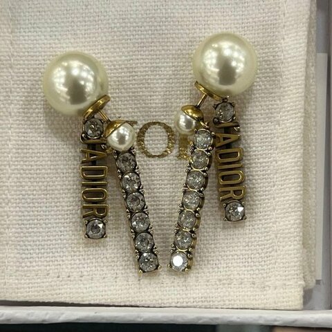 東區正精品㊣ Christian Dior CD金色J’ADIOR 字母鑲鑽大小白色珍珠垂墜耳環RZ6353