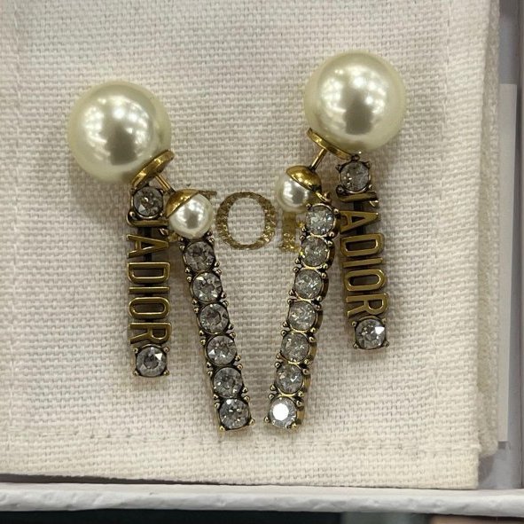 東區正精品㊣ Christian Dior CD金色J’ADIOR 字母鑲鑽大小白色珍珠垂墜耳環RZ6353-0