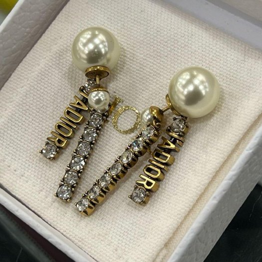 東區正精品㊣ Christian Dior CD金色J’ADIOR 字母鑲鑽大小白色珍珠垂墜耳環RZ6353-1
