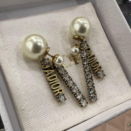 東區正精品㊣ Christian Dior CD金色J’ADIOR 字母鑲鑽大小白色珍珠垂墜耳環RZ6353-2