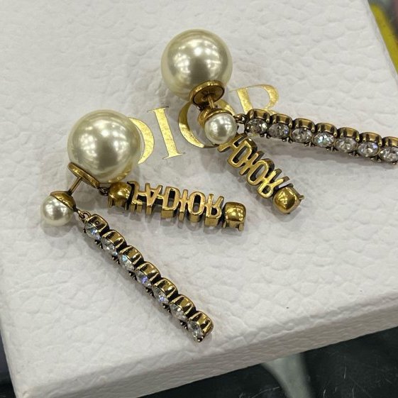 東區正精品㊣ Christian Dior CD金色J’ADIOR 字母鑲鑽大小白色珍珠垂墜耳環RZ6353-7