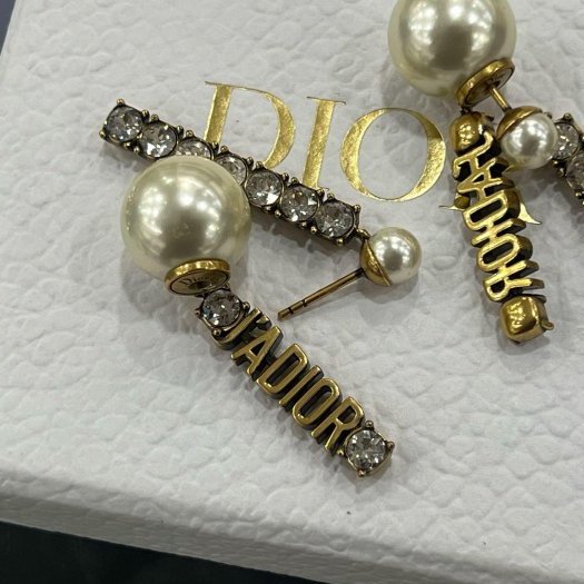 東區正精品㊣ Christian Dior CD金色J’ADIOR 字母鑲鑽大小白色珍珠垂墜耳環RZ6353-9