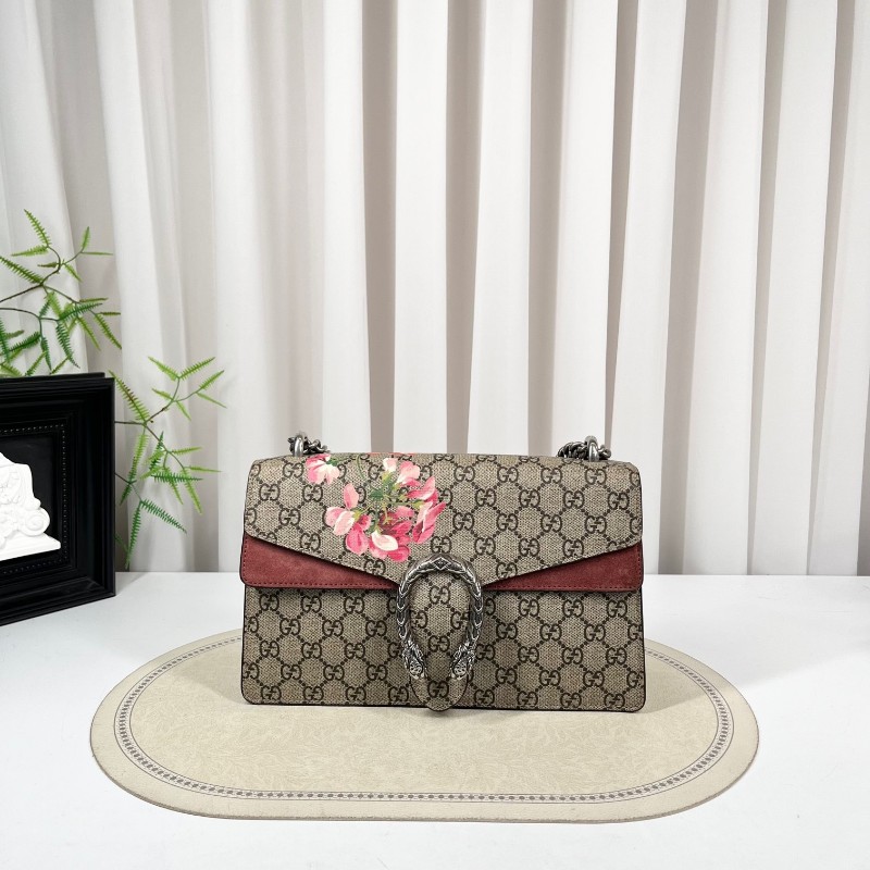 GUCGI古馳 天竺葵酒神鏈條包 老花配紅色麂皮 銀色虎頭扣 手繪天竺葵印花點綴 適合單肩斜挎-0