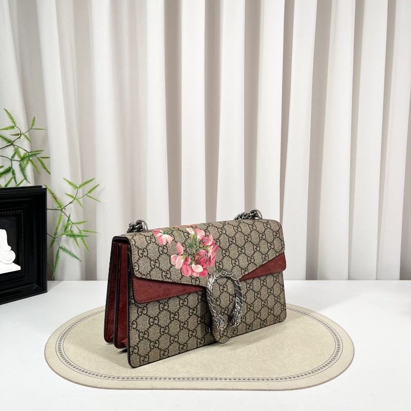 GUCGI古馳 天竺葵酒神鏈條包 老花配紅色麂皮 銀色虎頭扣 手繪天竺葵印花點綴 適合單肩斜挎-2