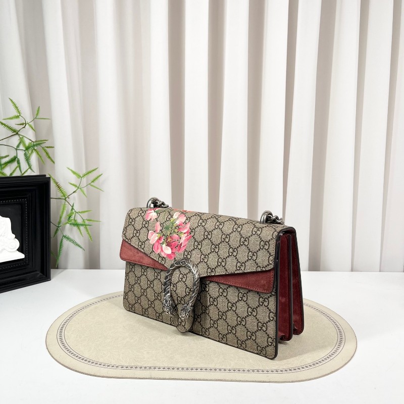 GUCGI古馳 天竺葵酒神鏈條包 老花配紅色麂皮 銀色虎頭扣 手繪天竺葵印花點綴 適合單肩斜挎-3