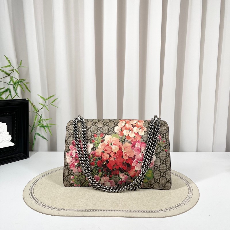 GUCGI古馳 天竺葵酒神鏈條包 老花配紅色麂皮 銀色虎頭扣 手繪天竺葵印花點綴 適合單肩斜挎-6