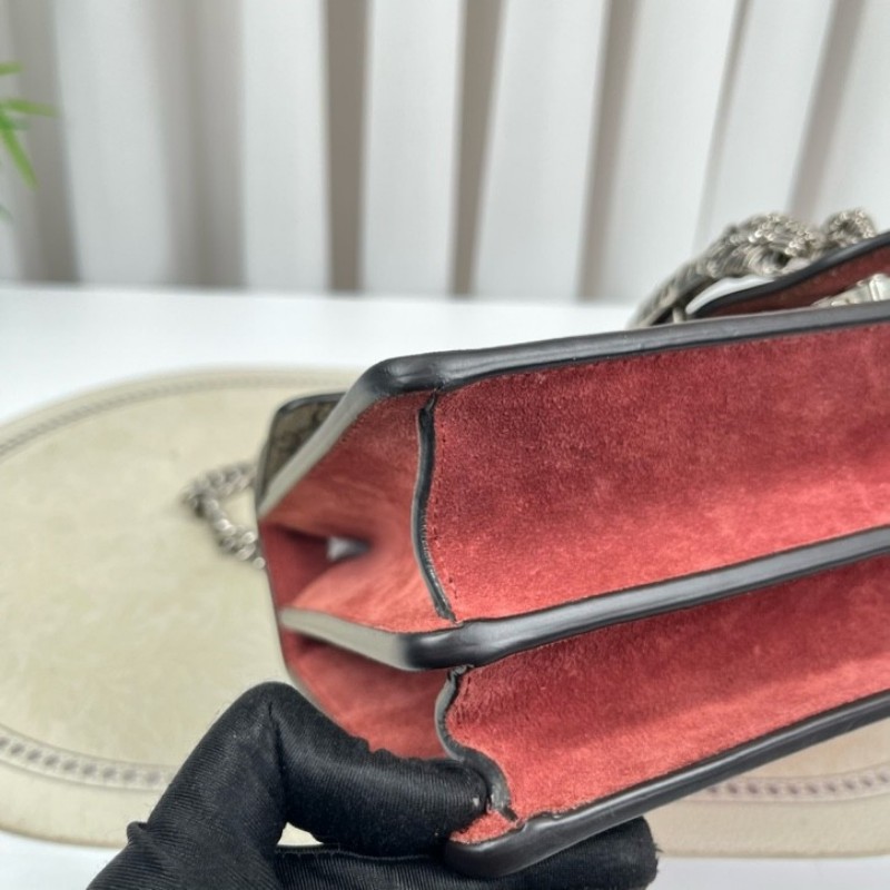 GUCGI古馳 天竺葵酒神鏈條包 老花配紅色麂皮 銀色虎頭扣 手繪天竺葵印花點綴 適合單肩斜挎-9