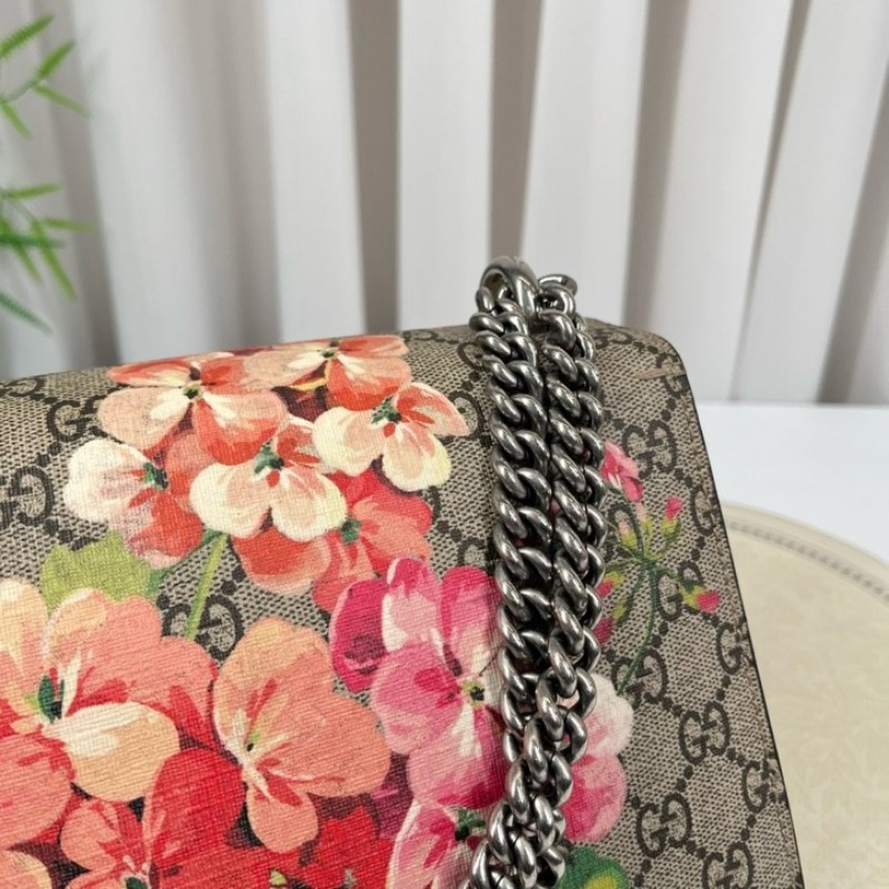 GUCGI古馳 天竺葵酒神鏈條包 老花配紅色麂皮 銀色虎頭扣 手繪天竺葵印花點綴 適合單肩斜挎-11