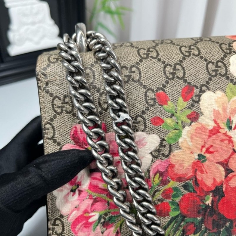 GUCGI古馳 天竺葵酒神鏈條包 老花配紅色麂皮 銀色虎頭扣 手繪天竺葵印花點綴 適合單肩斜挎-12