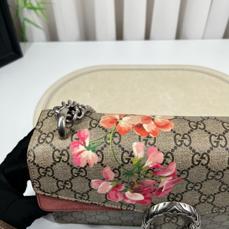 GUCGI古馳 天竺葵酒神鏈條包 老花配紅色麂皮 銀色虎頭扣 手繪天竺葵印花點綴 適合單肩斜挎-15