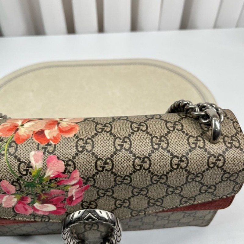 GUCGI古馳 天竺葵酒神鏈條包 老花配紅色麂皮 銀色虎頭扣 手繪天竺葵印花點綴 適合單肩斜挎-16