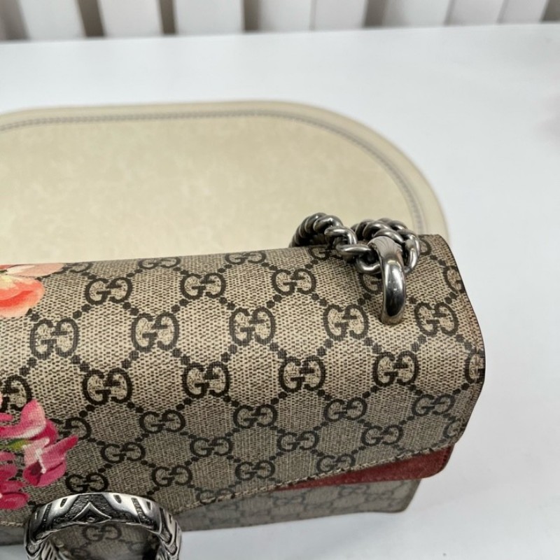 GUCGI古馳 天竺葵酒神鏈條包 老花配紅色麂皮 銀色虎頭扣 手繪天竺葵印花點綴 適合單肩斜挎-17