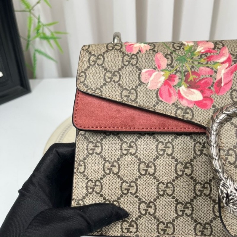 GUCGI古馳 天竺葵酒神鏈條包 老花配紅色麂皮 銀色虎頭扣 手繪天竺葵印花點綴 適合單肩斜挎-18