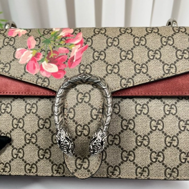 GUCGI古馳 天竺葵酒神鏈條包 老花配紅色麂皮 銀色虎頭扣 手繪天竺葵印花點綴 適合單肩斜挎-19