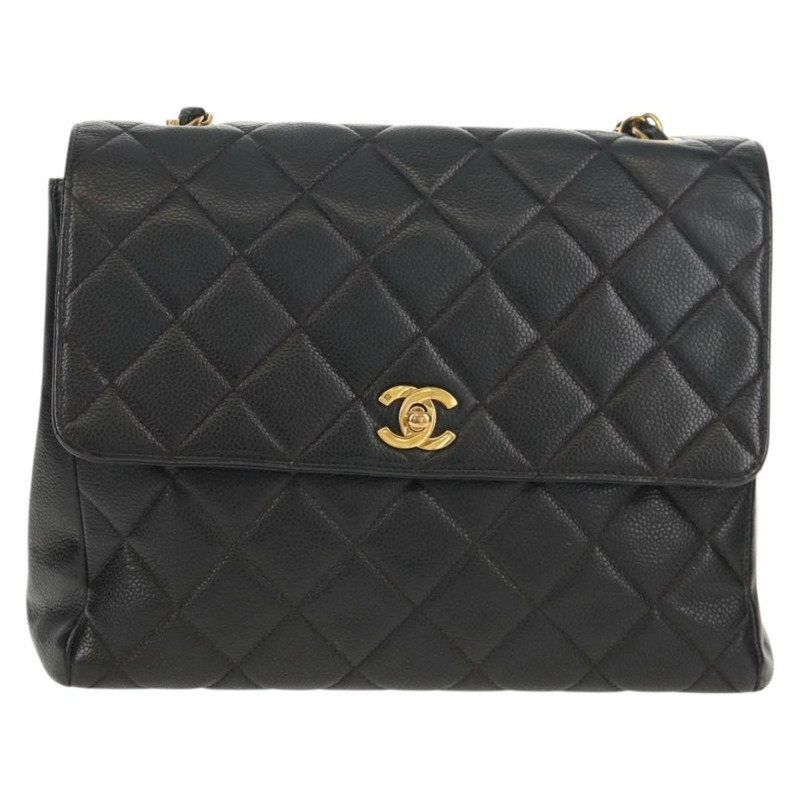 【日本直送】香奈兒 (CHANEL) 菱格紋鏈條肩背包，魚子醬紋皮革，黑色，金色雙C標誌，正品編號 145587AV-1