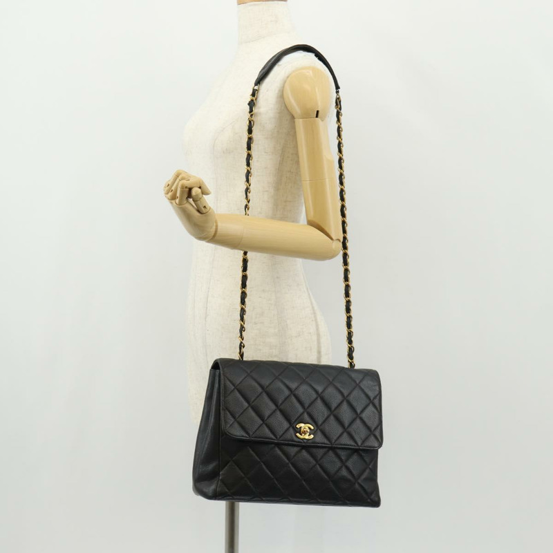 【日本直送】香奈兒 (CHANEL) 菱格紋鏈條肩背包，魚子醬紋皮革，黑色，金色雙C標誌，正品編號 145587AV-29