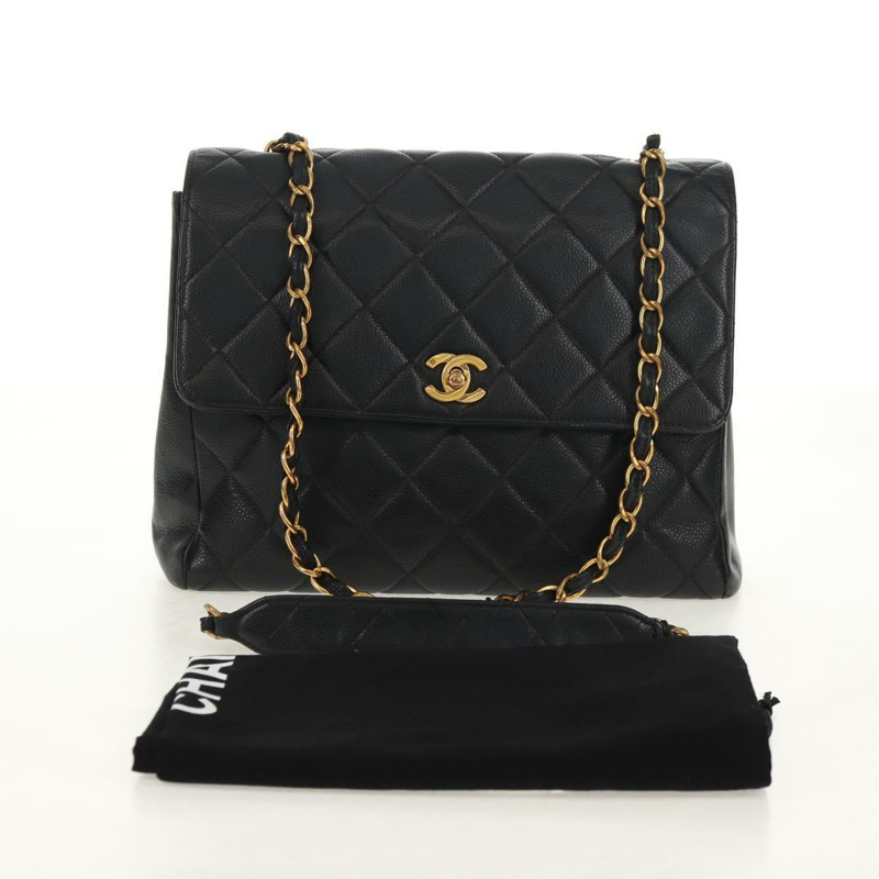 【日本直送】香奈兒 (CHANEL) 菱格紋鏈條肩背包，魚子醬紋皮革，黑色，金色雙C標誌，正品編號 145587AV-30