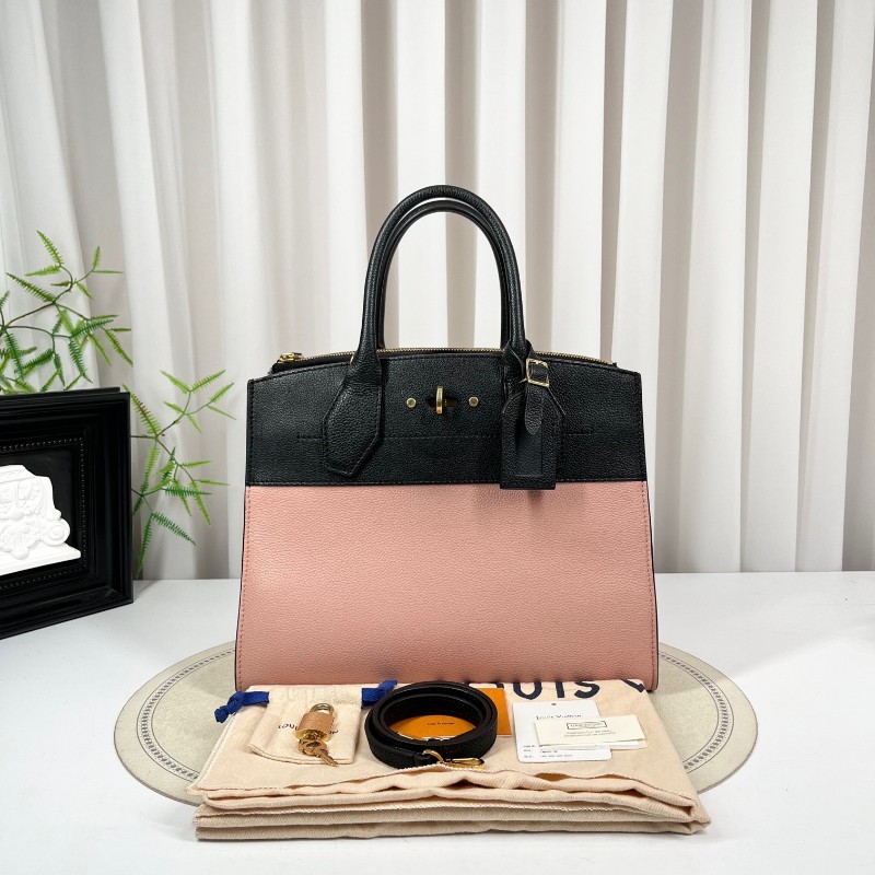 LV路易威登 City Steamer系列黑拼粉色牛皮手提單肩斜挎包 容量超級大 外出日常都適合-0