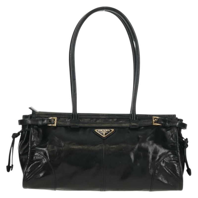 【日本直送】PRADA Bonnie 中型手提包，黑色金色真皮，正品 yk19606M-1