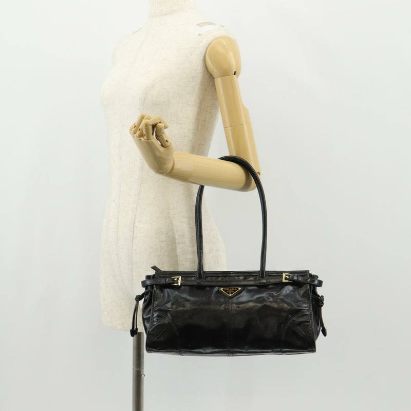 【日本直送】PRADA Bonnie 中型手提包，黑色金色真皮，正品 yk19606M-22