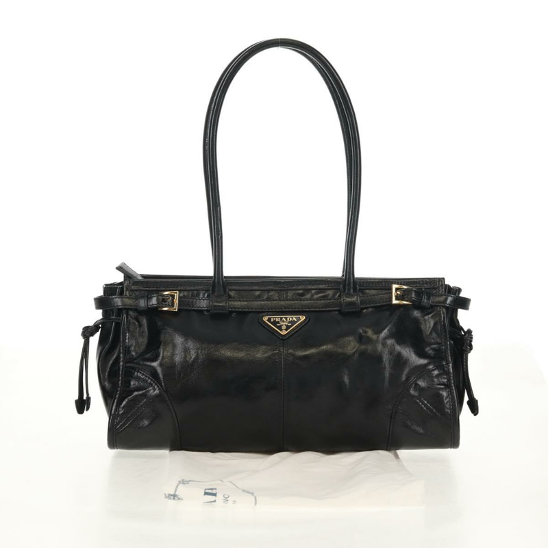 【日本直送】PRADA Bonnie 中型手提包，黑色金色真皮，正品 yk19606M-23