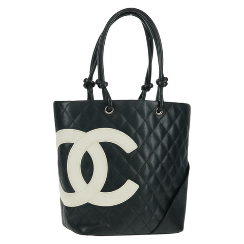 香奈兒 Cambon 系列羊皮手提包，黑色銀色雙C標誌，正品 am10535V