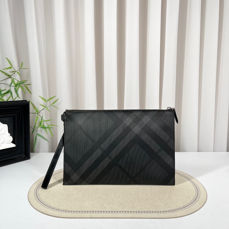 Burberry巴寶莉 黑色格紋手拿包 拉鍊順滑 內裡乾淨 容量大 日常出門、商務都能用 手柄可拆卸-0