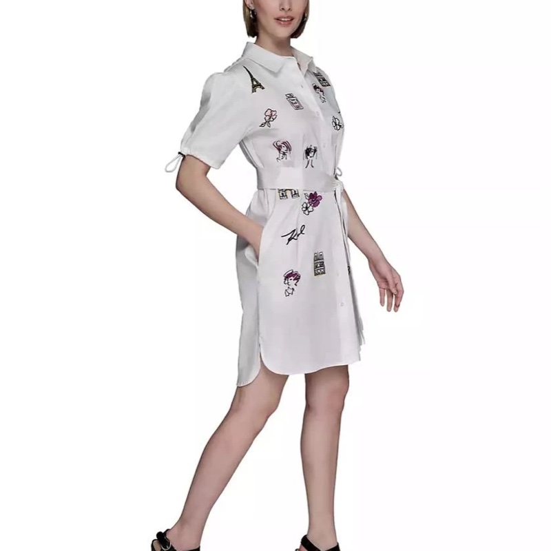 全新專櫃正品✨ karl lagerfeld 巴黎塗鴉白襯衫蝴蝶結綁帶洋裝-1