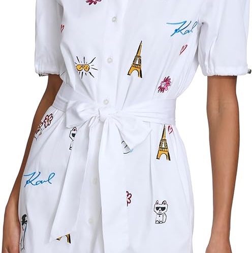 全新專櫃正品✨ karl lagerfeld 巴黎塗鴉白襯衫蝴蝶結綁帶洋裝-2