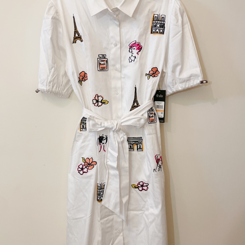 全新專櫃正品✨ karl lagerfeld 巴黎塗鴉白襯衫蝴蝶結綁帶洋裝-3