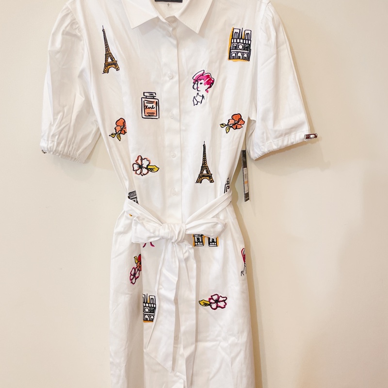全新專櫃正品✨ karl lagerfeld 巴黎塗鴉白襯衫蝴蝶結綁帶洋裝-7