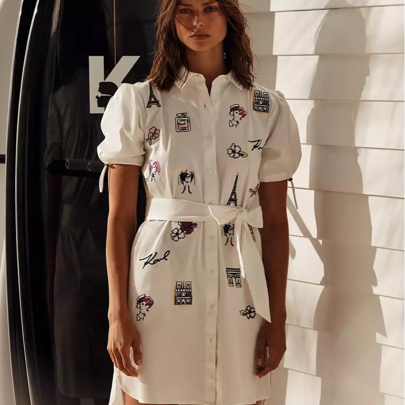 全新專櫃正品✨ karl lagerfeld 巴黎塗鴉白襯衫蝴蝶結綁帶洋裝-8