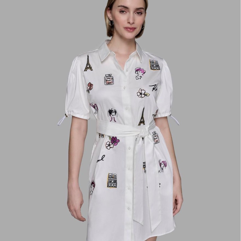 全新專櫃正品✨ karl lagerfeld 巴黎塗鴉白襯衫蝴蝶結綁帶洋裝-10