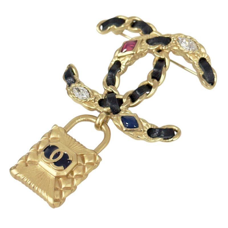 CHANEL CC 水鑽 皮穿鏈 鎖頭吊飾 胸針-4