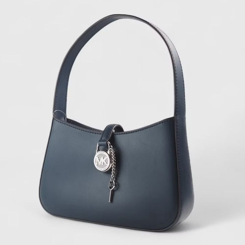 全新現貨【Michael Kors】LYRA 素面皮革鎖頭鑰匙吊飾小款手提/肩背包(海軍藍)-1
