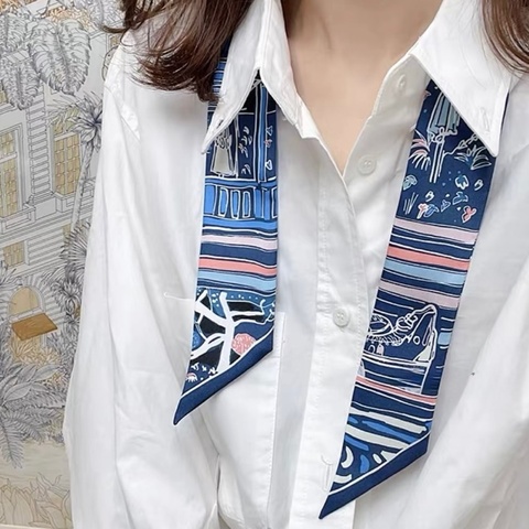 HERMES💙藍底白花燕子圖單條TWILLY