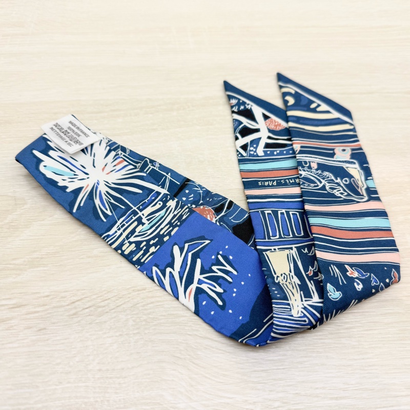 HERMES💙藍底白花燕子圖單條TWILLY-5