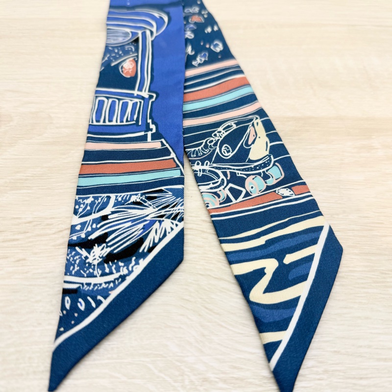 HERMES💙藍底白花燕子圖單條TWILLY-7