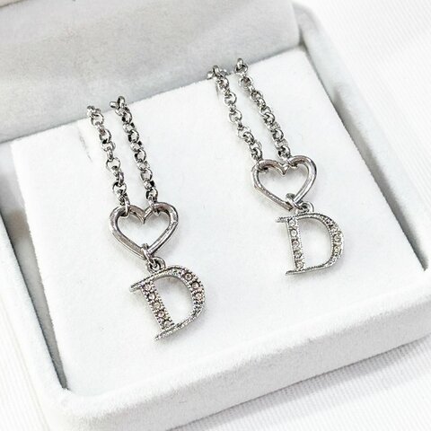 DIOR 愛心 水鑽D字 愛心龍蝦扣 銀色 首飾套組（項鍊＋手鍊）