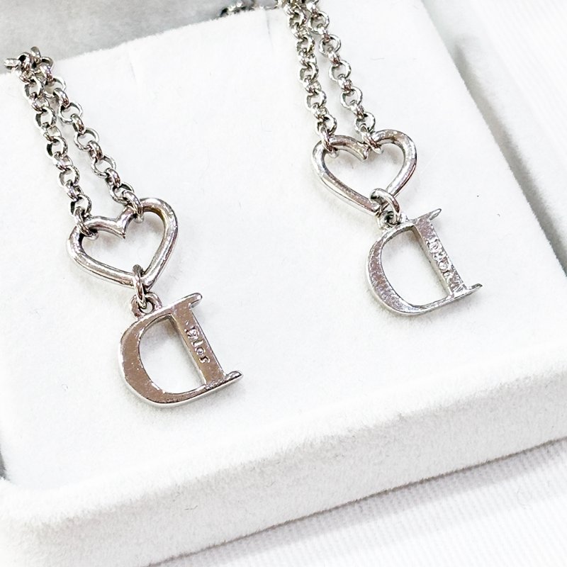 DIOR 愛心 水鑽D字 愛心龍蝦扣 銀色 首飾套組(項鍊+手鍊)-1