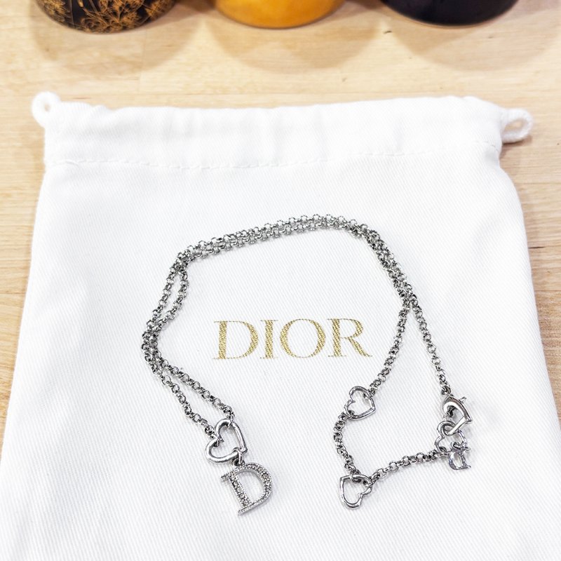 DIOR 愛心 水鑽D字 愛心龍蝦扣 銀色 首飾套組(項鍊+手鍊)-2