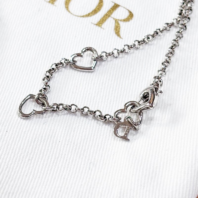 DIOR 愛心 水鑽D字 愛心龍蝦扣 銀色 首飾套組(項鍊+手鍊)-3