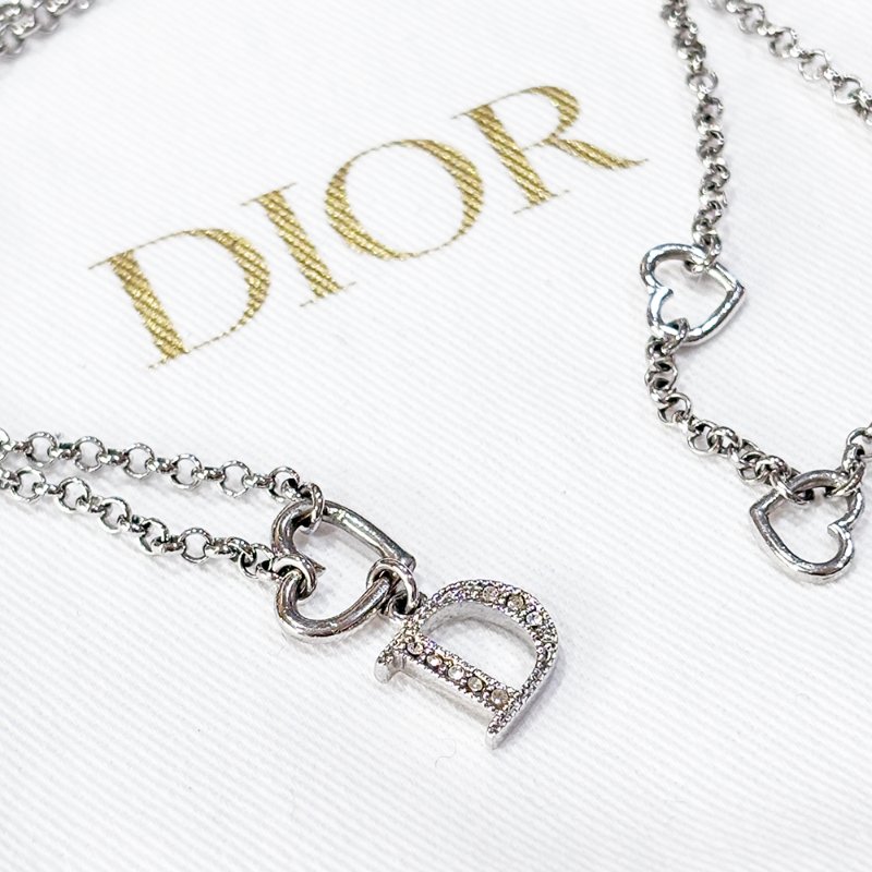 DIOR 愛心 水鑽D字 愛心龍蝦扣 銀色 首飾套組(項鍊+手鍊)-4